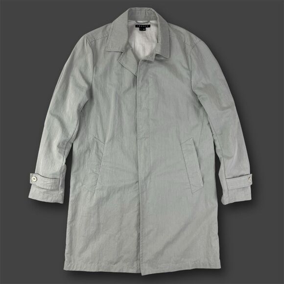 Theory Trench Coat PERKIN Mens Large Grey Long Military Style Nylon Blend Rain - Picture 1 of 15